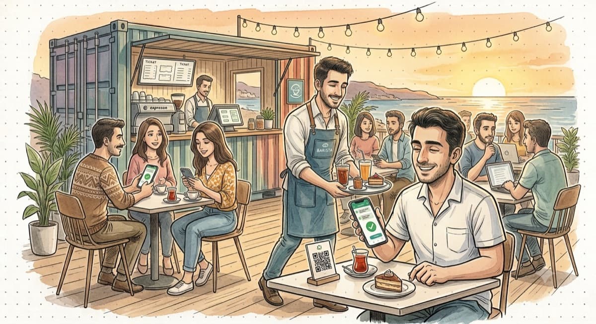 Deniz kenarı kafede WhatsApp ile self-sipariş — herkes keyfinde, garson serviste